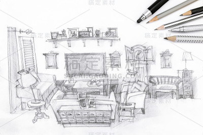 绘图现代客厅和绘图工具在纸上