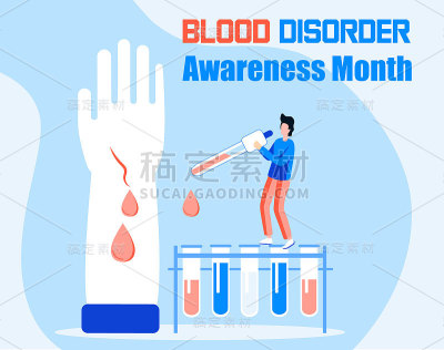 三月血液病宣传月。血友病概念向量。小医生们检查血液的不凝性，治疗病人。流血的手