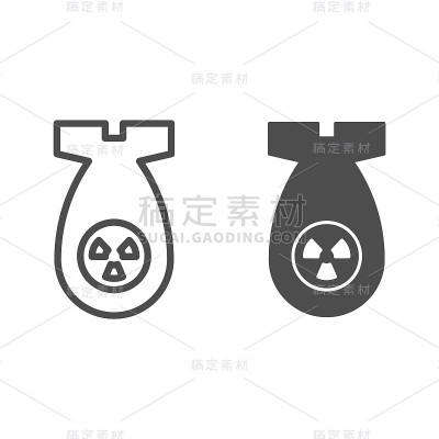 原子弹线和固体图标。核弹药、航空火箭符号、白色背景上的轮廓式象形文字。移动概念和网页设计的战争或军事