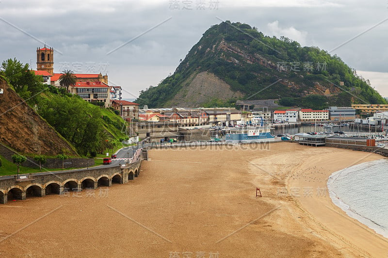 海滩，港口和圣安东山，Getaria, gupuzcoa，西班牙