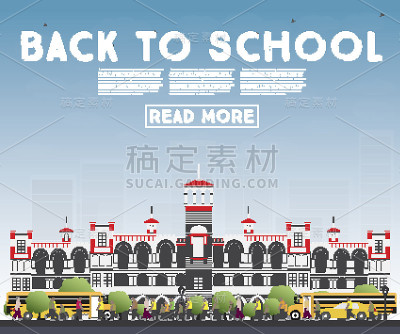 回到学校。印有校车、大楼和学生的横幅。