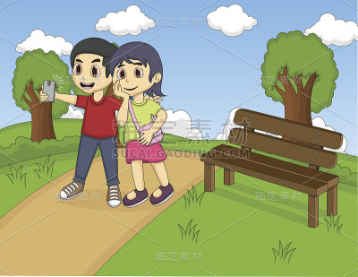 孩子们在公园卡通里自拍