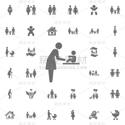 女人和婴儿换尿布矢量图标。一组家庭图标