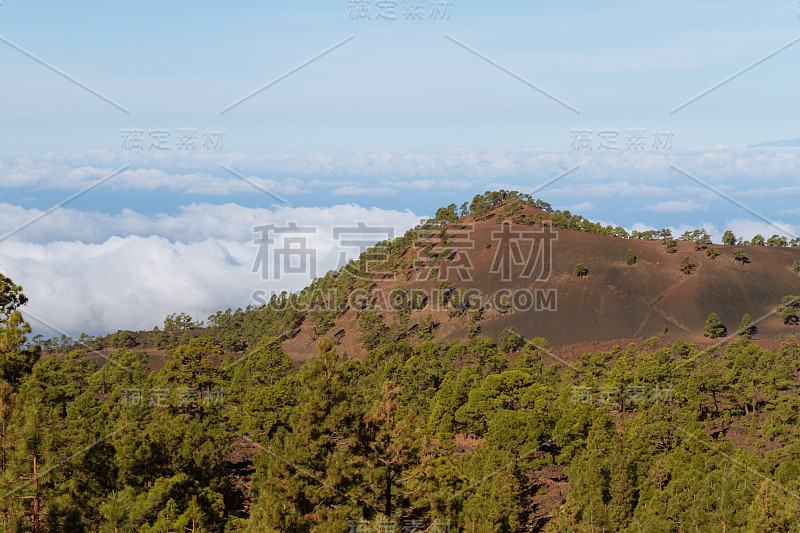 火山自然与树木之上的云倒置在沙漠景观