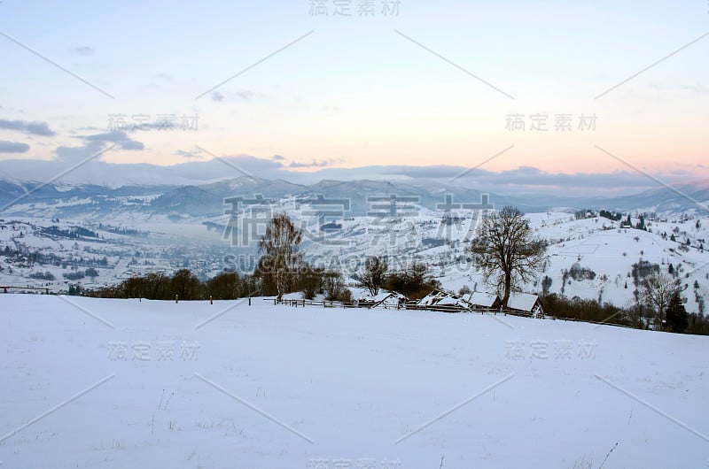 冬季宁静的山地景观，云杉覆盖着白霜和雪