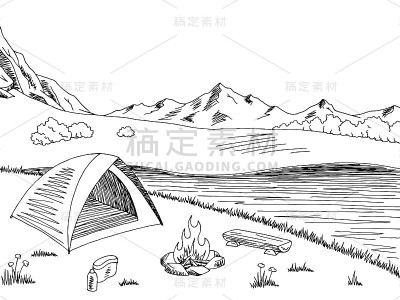 露营图形黑白山景观素描插图矢量