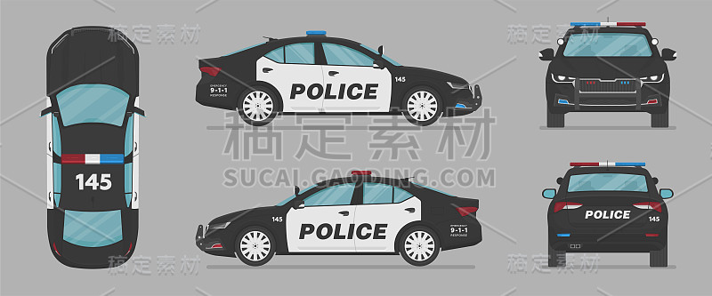 美国的警车。矢量车从不同的方向。侧视图，前视图，后视图，顶视图。