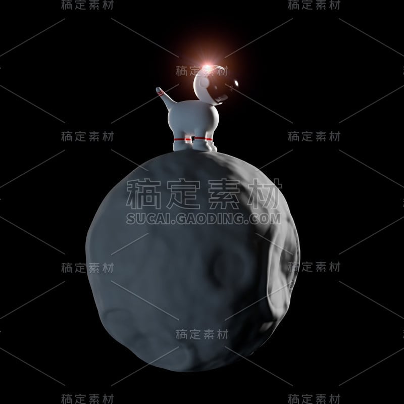 可爱的卡通太空狗角色穿着白色太空服站在小行星上(3d渲染，黑色背景孤立)