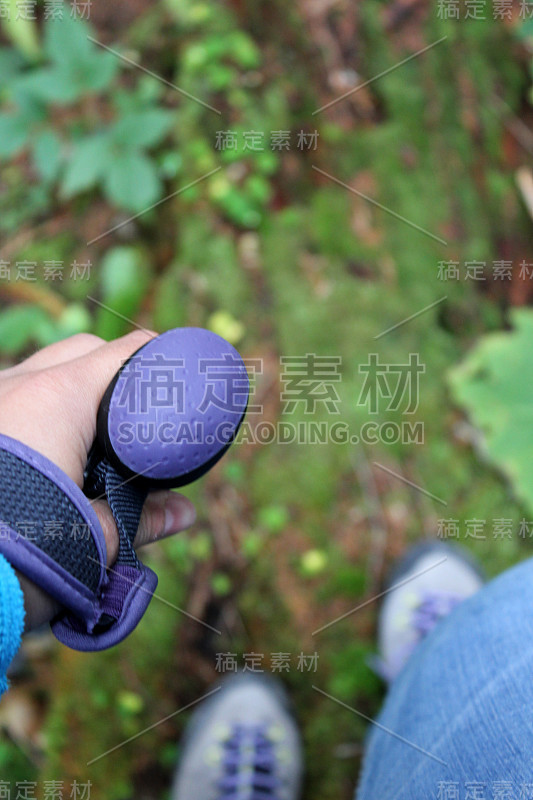 远足手杖和鞋子的特写