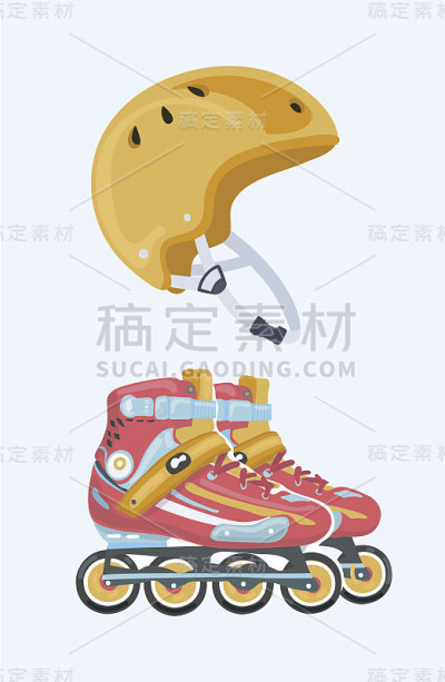 红色旱冰鞋，运动器材和黄色运动头盔