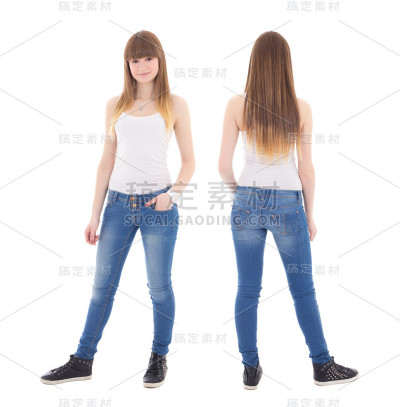 前面和后面的观点可爱的十几岁的女孩在t恤