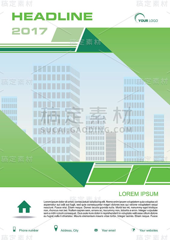 矢量传单，公司业务，年度报告，小册子设计和封面展示绿色矩形和矢量建筑
