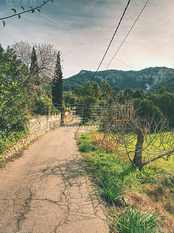 在S.Arraco的古老的乡村道路，绿色的草地