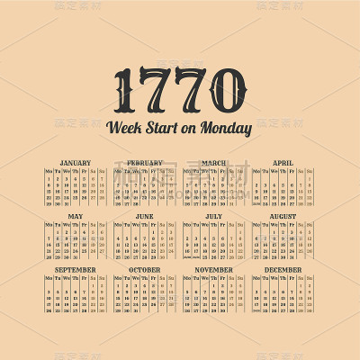 1770年的历史矢量历。周一开始