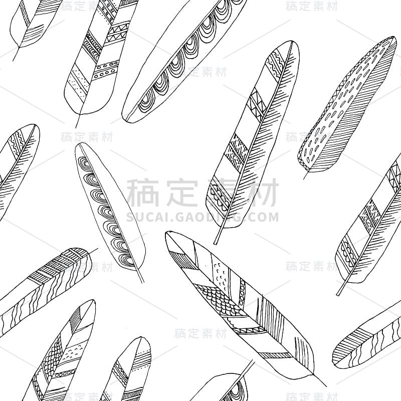 手绘无缝图案与涂鸦羽毛。谢奇风格，时髦的波西米亚风。部落模板的织物，剪贴簿，纺织品，工艺，网或印刷设