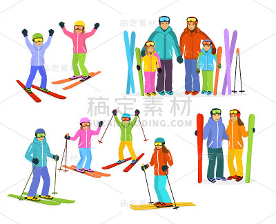 男人，女人，男孩和女孩滑雪者集合。夫妇，家庭和孩子冬季有趣的活动收集