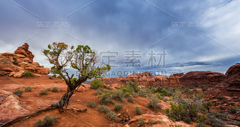 在犹他州的沙漠，拱门国家公园，戏剧性的暴风雨云和降雨，在秋天