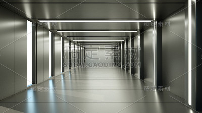 3 d渲染。未来宇宙飞船科幻走廊建筑