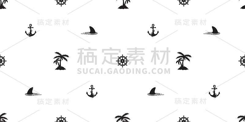 无缝图案头盔锚鲨鱼矢量椰树岛航海船海洋海洋孤立的热带墙纸