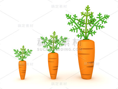 三种不同大小的胡萝卜的3D渲染