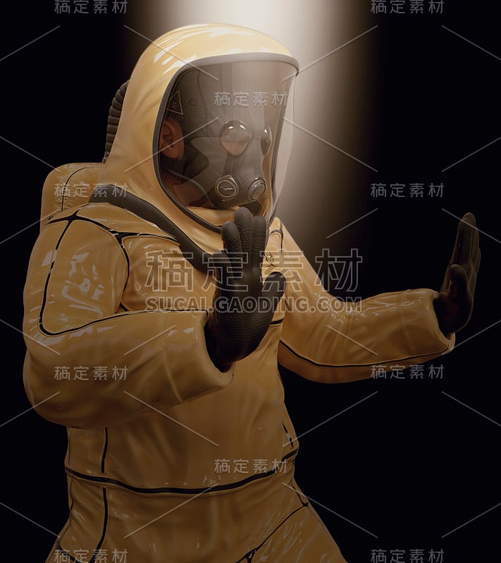 一个穿着生化防护服的男人在深色背景的3d插图上