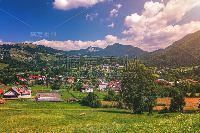 夏季阿尔卑斯特兰西瓦尼亚地标，景观与绿色的田野和山谷，高Piatra克雷乌鲁伊山，喀尔巴阡，特兰西瓦