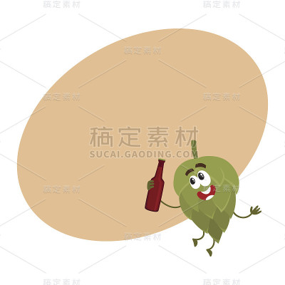 滑稽的微笑啤酒花人物拿着黑色啤酒瓶