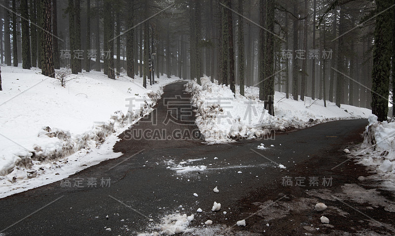 冬季的森林景观有白雪覆盖的高山和空旷冰冻的道路。