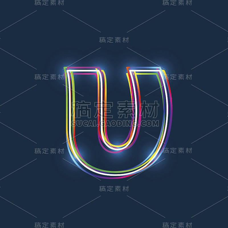 希腊小字母Upsilon -矢量多色轮廓字体发光效果孤立在蓝色背景。