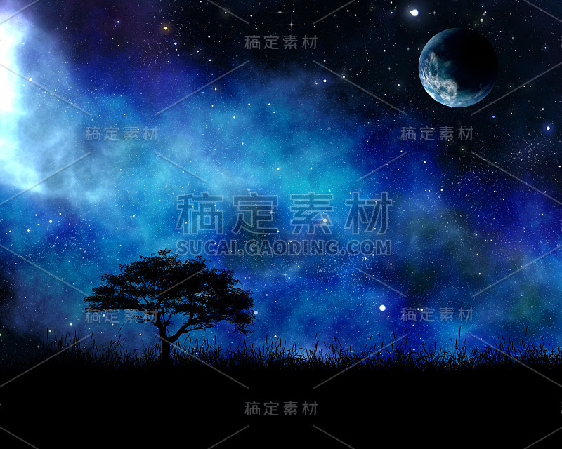 三维景观与树木的空间天空与抽象的行星