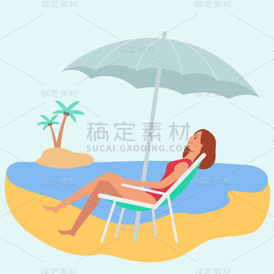 白种女人或是穿泳衣的女孩棕色头发躺在沙滩上的躺椅上。