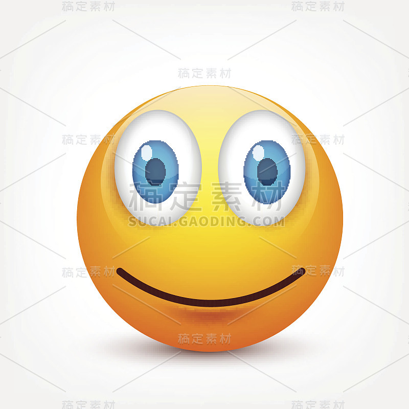 蓝眼睛的笑脸，表情包。黄脸带着情绪。面部表情。3 d现实emoji。伤心,高兴,生气的脸。有趣的卡通