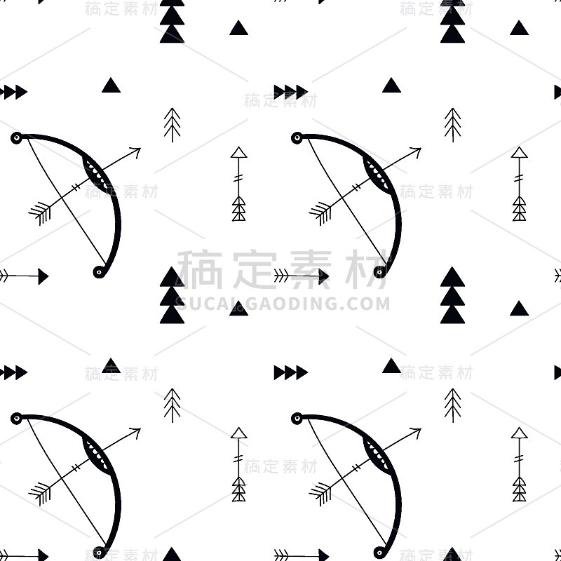 无缝抽象黑白图案。矢量插图。弓和箭。斯堪的纳维亚风格