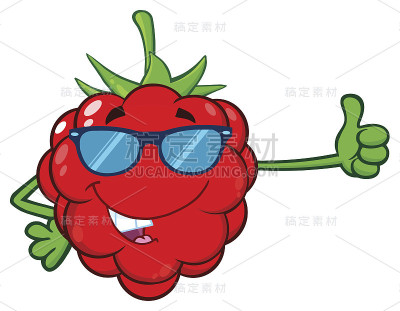 戴着墨镜的红莓水果卡通吉祥物竖起大拇指