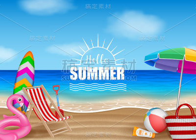 你好夏季背景与海滩元素的海洋背景