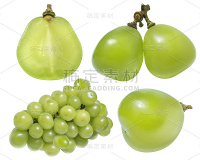 绿色的葡萄，叶子孤立在白色上。闪光麝香葡萄与修剪路径。