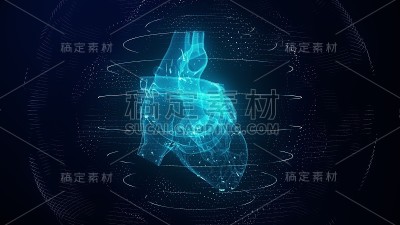 解剖正确的蓝色数字人类心脏。未来粒子心脏扫描