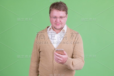 英俊的胖胡子男人用手机的肖像