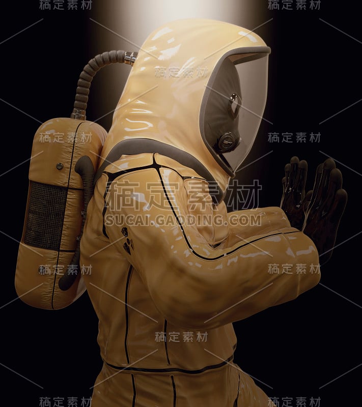 一个穿着生化防护服的男人在深色背景的3d插图上