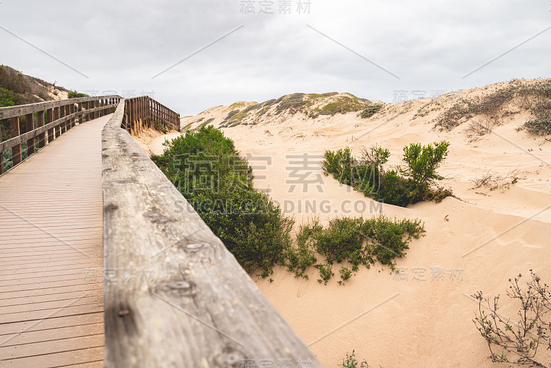 乡村木海滩木板路穿过沙丘。奥索弗拉科湖自然区域州立公园，加利福尼亚州