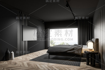 全景灰色和木制卧室与电视