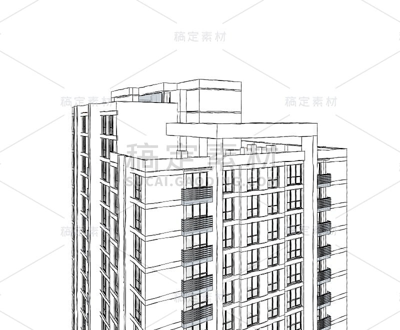 一个住宅建筑立面的抽象三维插图。