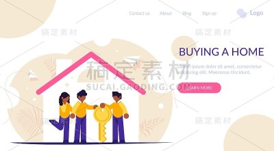 购买新房或公寓的过程。房地产经纪人将房产的钥匙转移给新主人。新房子里的年轻家庭。登陆网页模板。向量孤