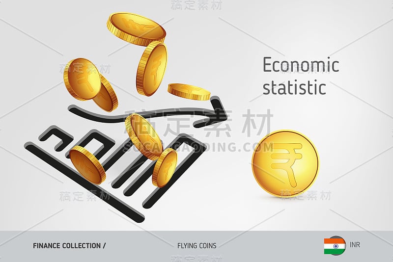 统计图表图标与飞行印度卢比硬币，金融概念。矢量插图印刷，网站，网页设计，移动应用程序，信息图表。