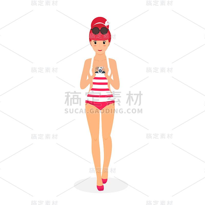 女人使照片海滩相机夏季休闲