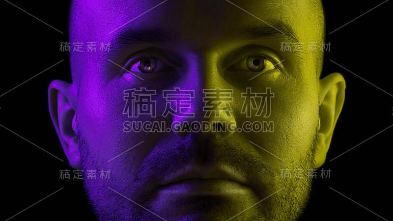 一个年轻人的面部画像。白色的欧洲人。的双色照明方案