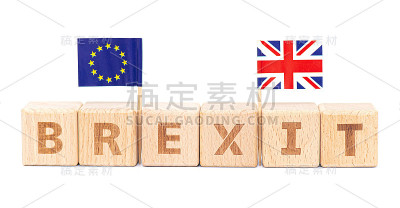 “脱欧”一词由木块和英国国旗组成，概念图