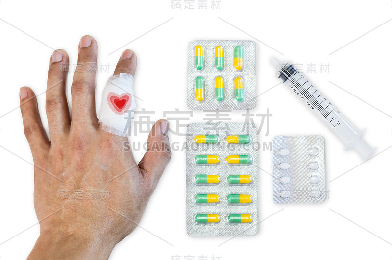 手指受伤疼痛，用白色纱布包扎、药物和注射器