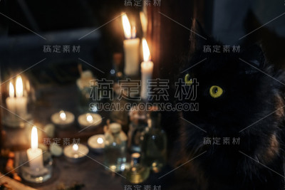 魔法属性。黑猫和燃着的蜡烛靠近旧镜子