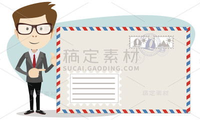 一名办公室职员站在一个大信封旁边，很友好
